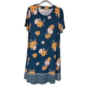 LOFT Blue Floral Swing Dress Size Medium Short Sleeve Rayon Spandex Knee Length